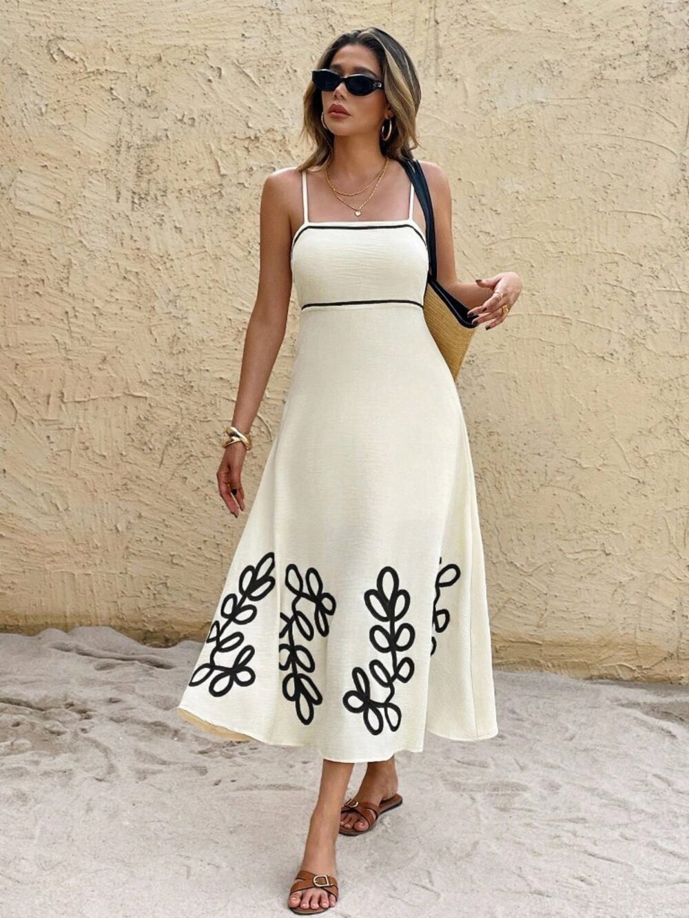 Multicolor Casual Women's Beach Botanical Print Piping Strap midi Dress - Picture 7 of 7